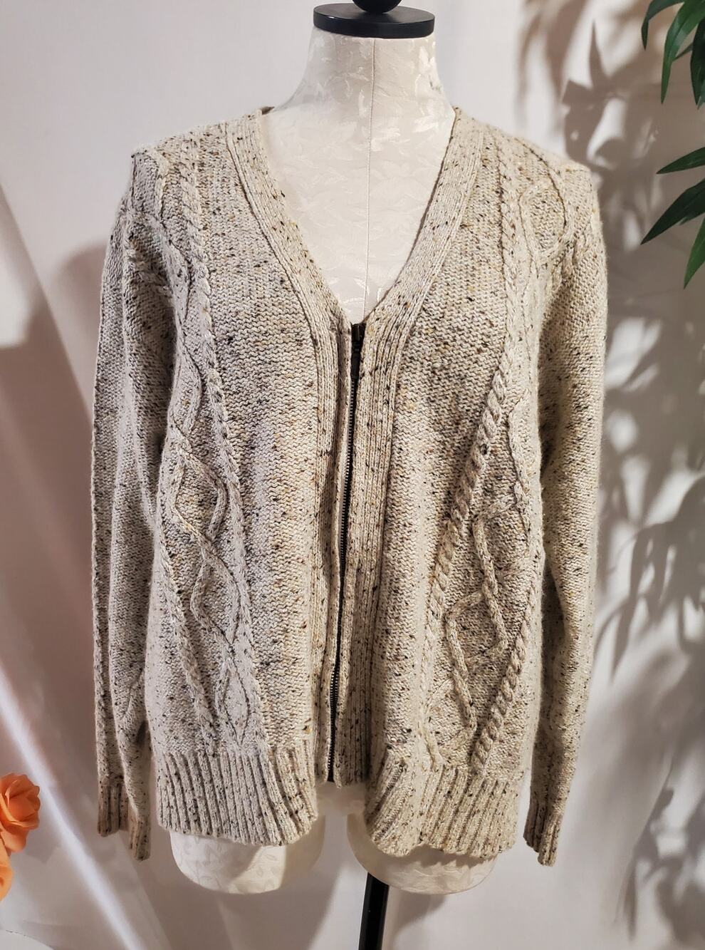 Vtg High Sierra 90s Wool Ramie Cable Knit V-Neck Zip Fisherman Sweater Size XL
